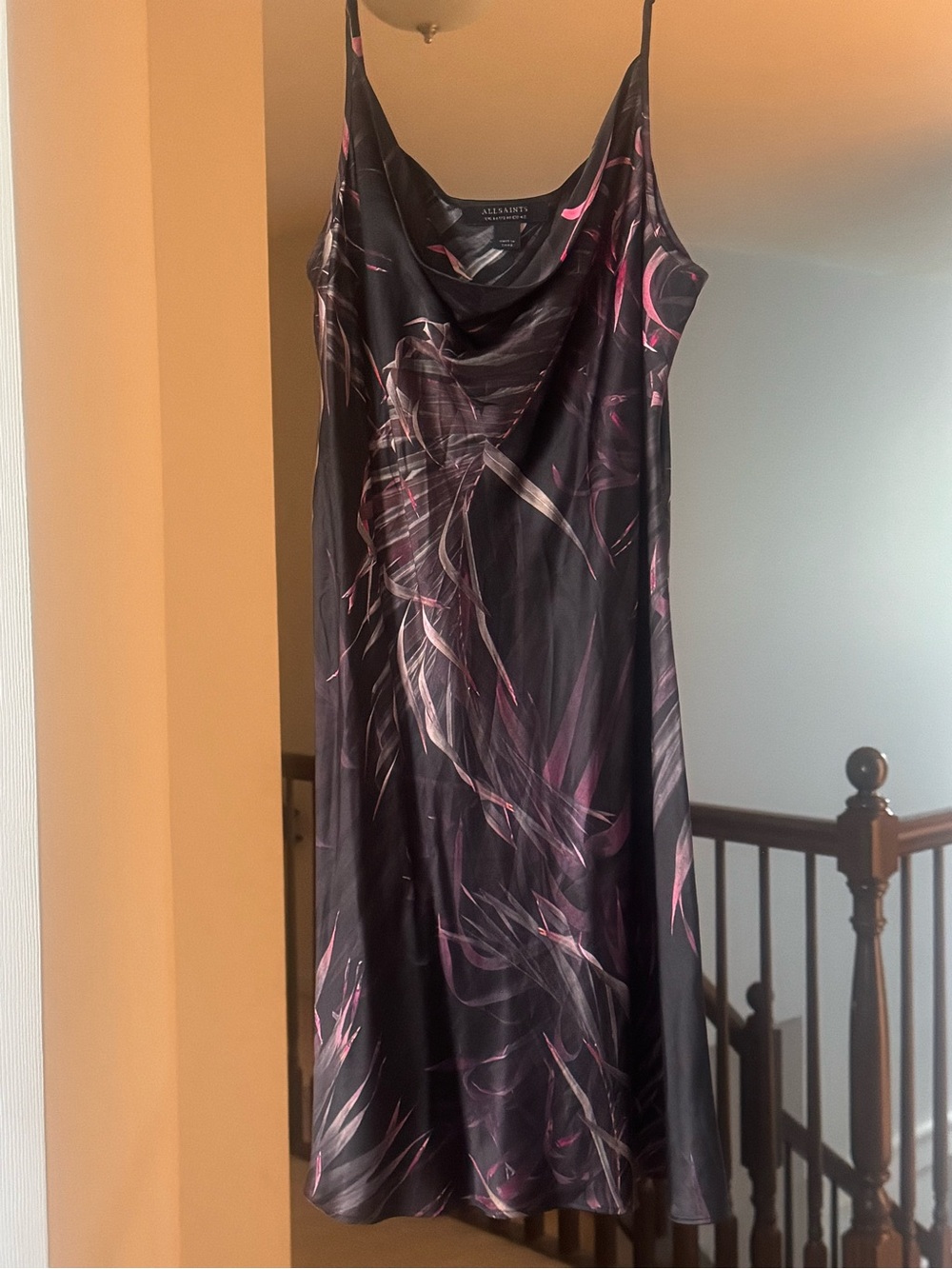 All Saints Black Silk Slip Dress with Pink Swirl Print